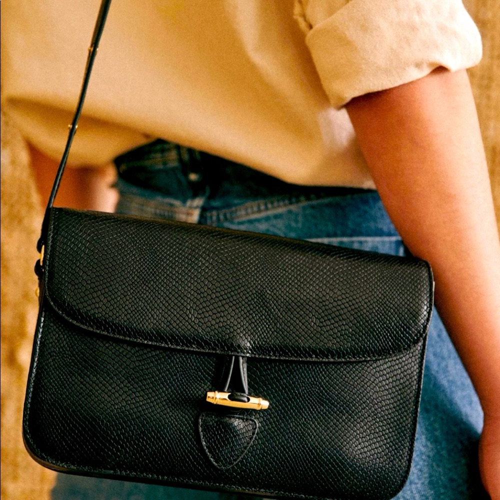 Sezane Black Snakeskin Milo bag